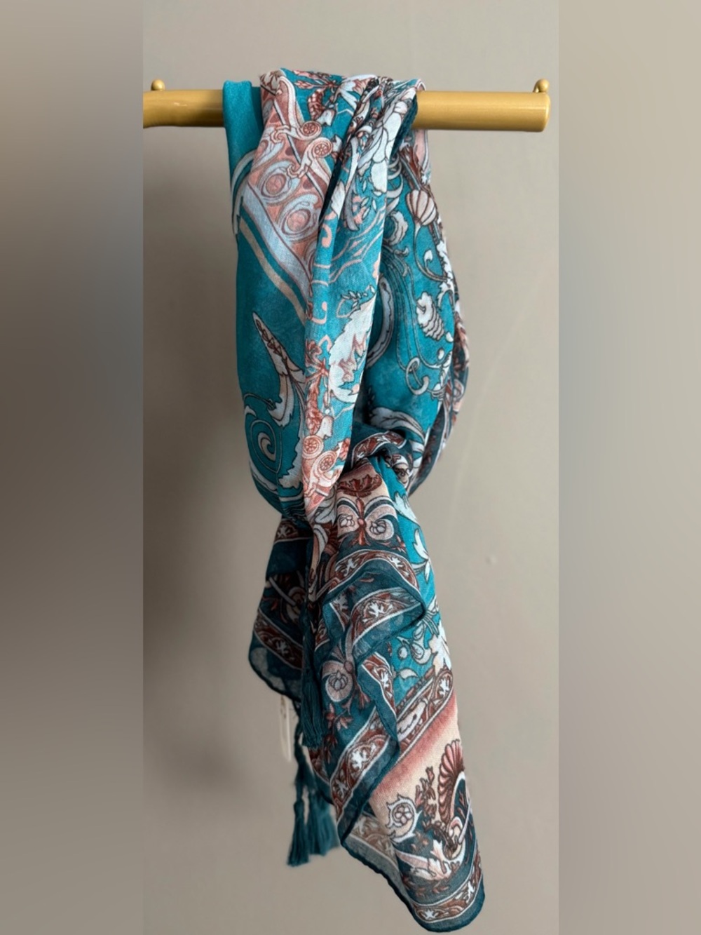 Teal Baroque Medallion Tassel Scarf Ornate Floral Boho Luxe Lightweight Wrap